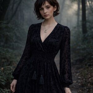 Knox Rose Black Burnout Velvet Boho Dress XS Cottagecore‎ Romantic Whimsigoth